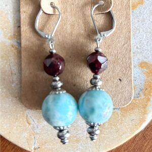 Dominican Larimar Leverback Earrings With Garnet Stainless Steel 2”❤️💙